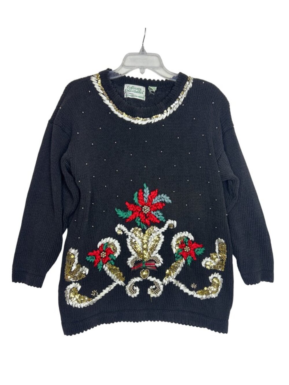 Vtg Colleen's Collectables Ugly Christmas Sweater Women's M/L 3D Poinsettia Sequ